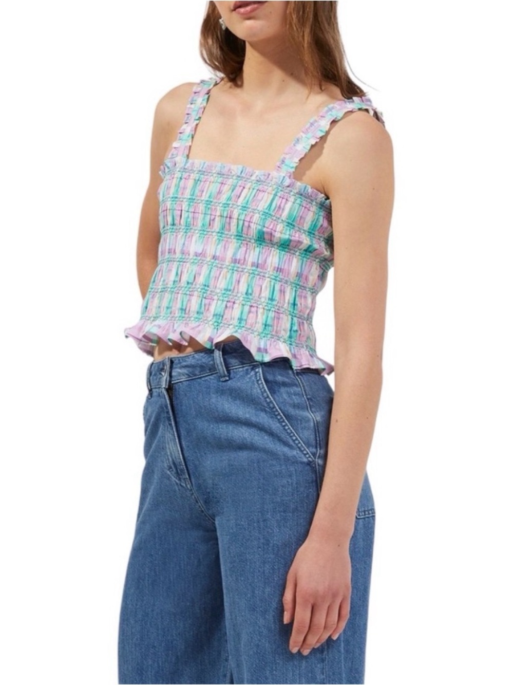 French Connection Women’s Smocked Bibiana Check Organic Cotton Tank Size 8